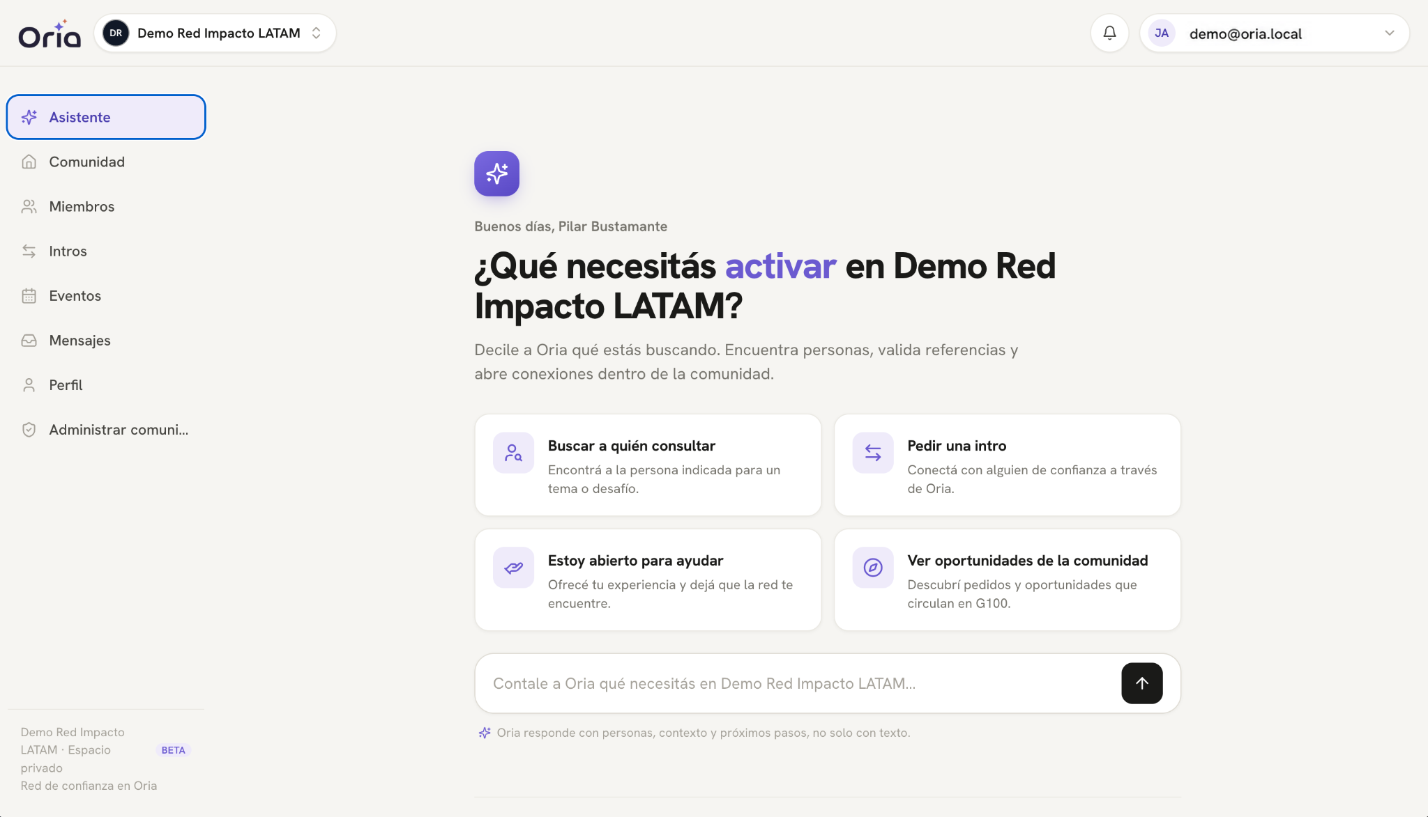 Asistente de Oria en Demo Red Impacto LATAM: búsqueda de personas, intros de confianza, ayuda y oportunidades dentro de la comunidad.